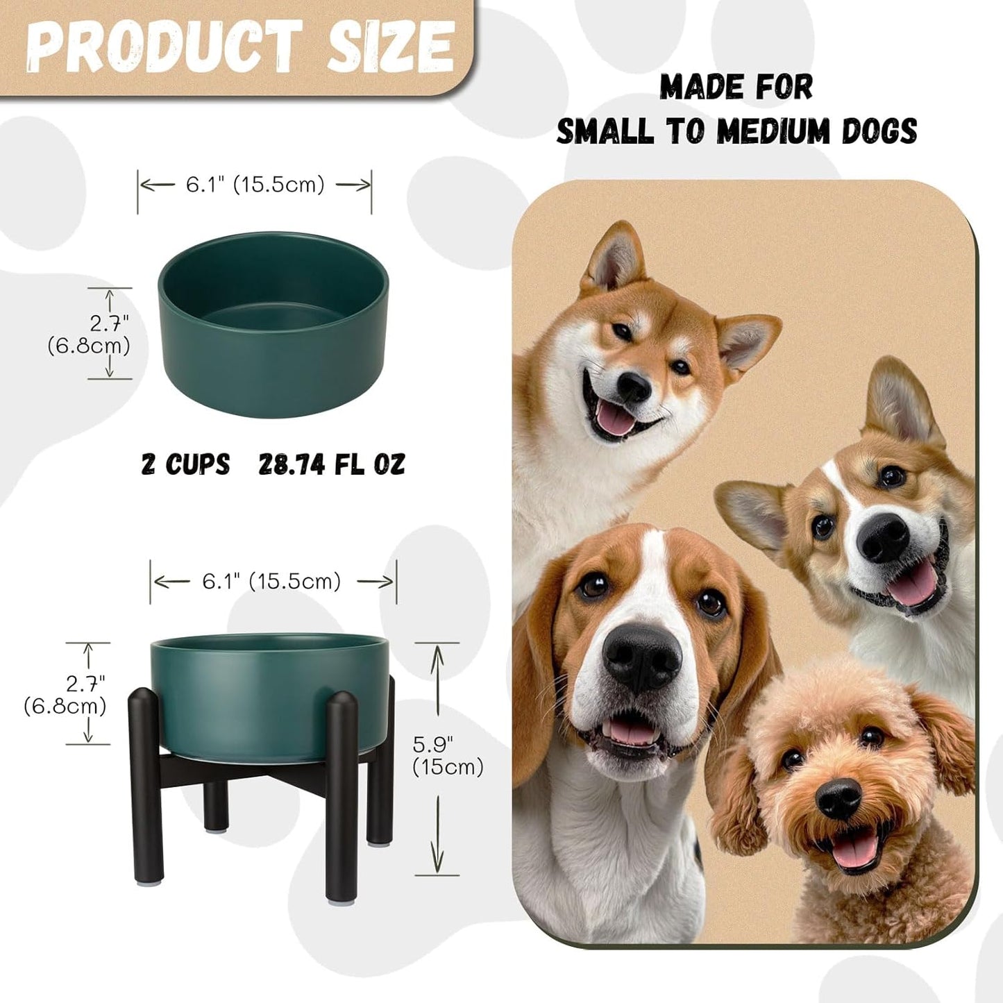 Raised Ceramic Dog Bowl Set - Elevated Double Dishes with Stainless Steel Stand - Food and Water Bowls for Small to Medium Dogs - Each Holds 3.5 Cups (29.57 fl oz) - White