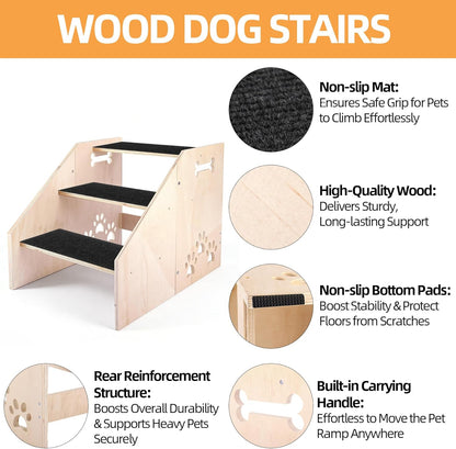 Dog Step, Wooden 3-Step Dog Stairs for High Beds & Couches, Non-Slip Pet Stair Ladder for Small Dogs, Puppies & Older Cats, 15.8 inch High