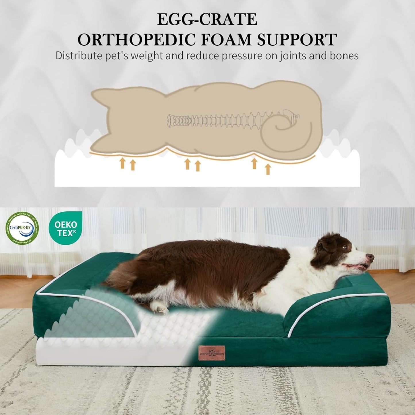 Comfort Expression Orthopedic Dog Bed for Extra Large Dogs 42x30 Inch, Waterproof Egg Crate Foam XL Pet Bed with Removable Bolsters, Dog Couch with Washable Cover & Non-Slip Bottom, Grey - Colors A
