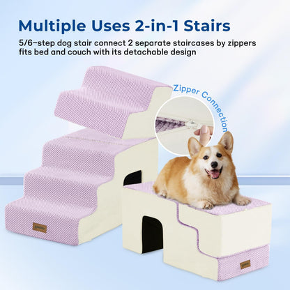 ZOMISIA Dog Ramp for Large Dogs - 24"H 5-Step Pet Stairs for High Beds with Tunnel, 2-in-1 Design with Zippers, Suitable for Indoor Cat Ladders with Non-Slip Bottom, Beige