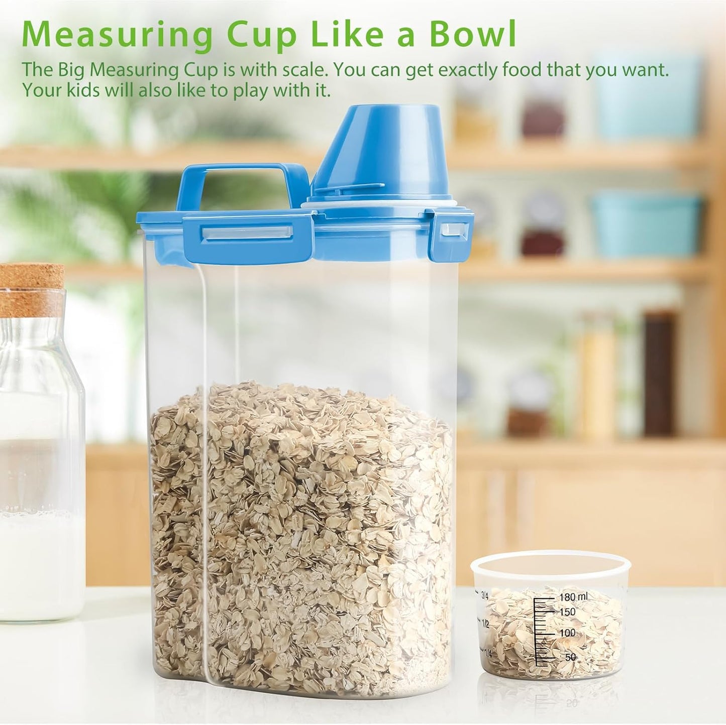 Viretec Rice Airtight Storage Container, 3 to 5Lbs Cereal Dry Food Flour Bin, Pet Dog Cat Food Dispenser with Measuring Cup, BPA Free Clear Plastic Kitchen and Pantry Organization Bin for Sugar