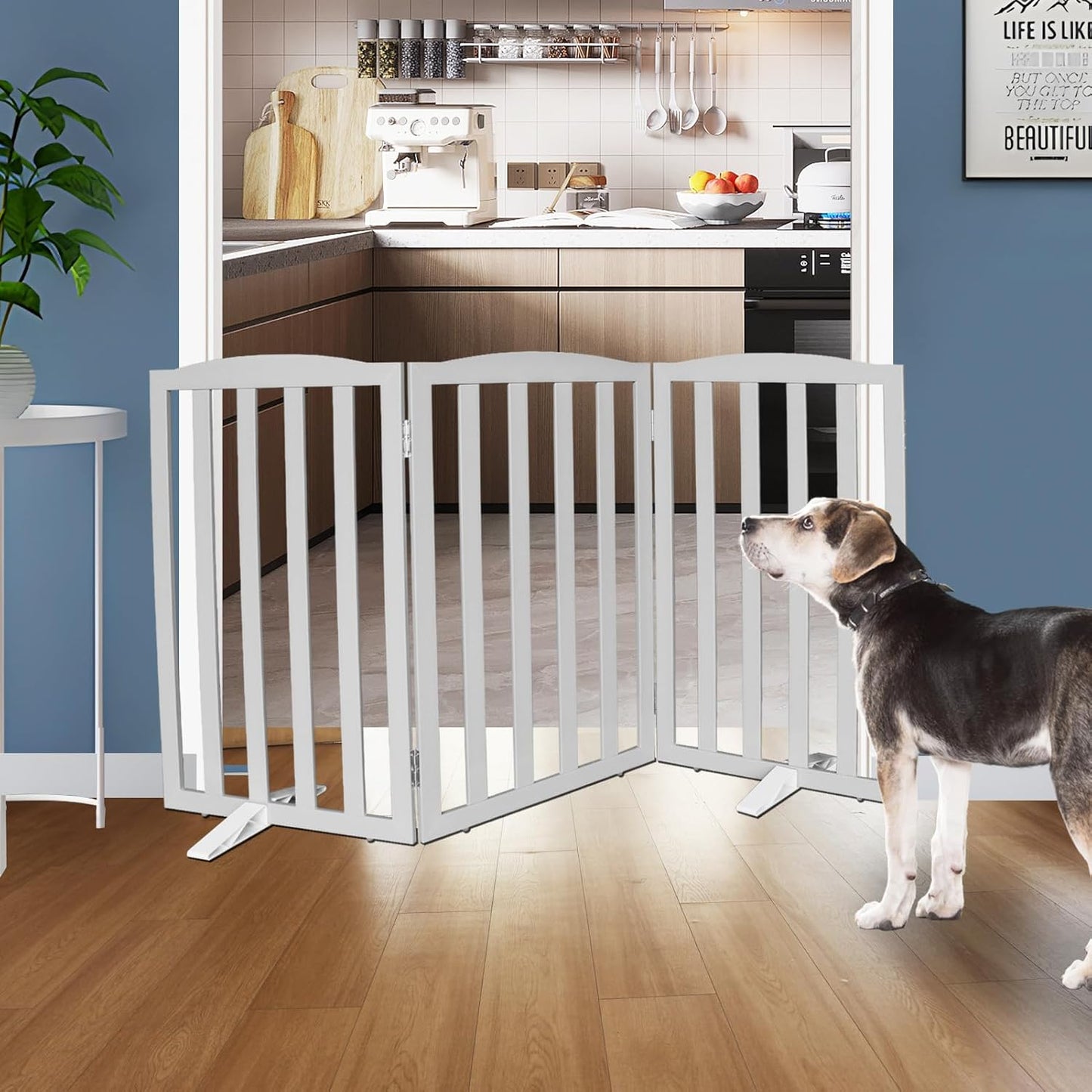 ZJSF Foldable Freestanding Indoor Dog Gate for House Wood White Long Pet Gates Dog Fence for Stairs Puppy Gates for Hallways,Pet Fence, Puppy Gate,Support Feet Included 24 "Height-3 Panels