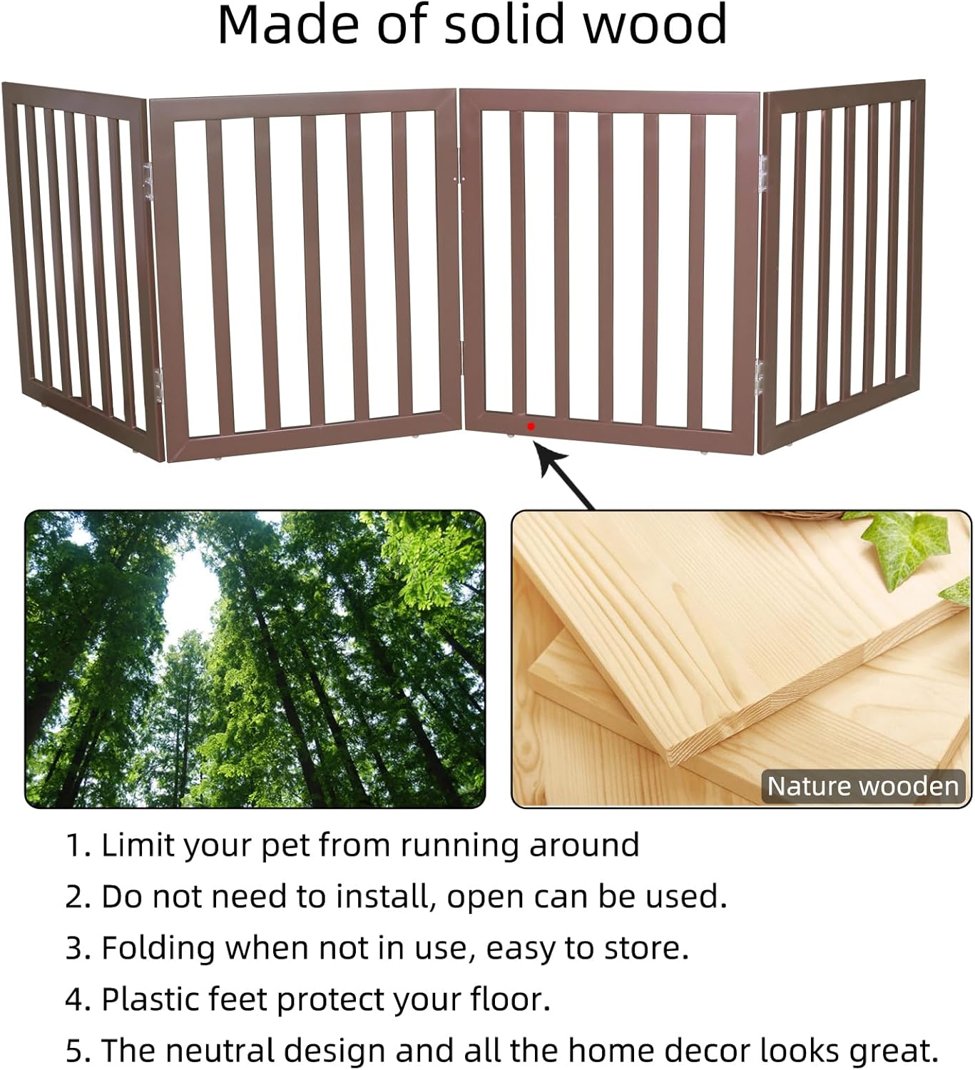 Dog Gate Indoor, Freestanding Dog Fence for The House, Doorways, Hallways,or Stairs,Pet Gate Foldable Wooden,Expandable 24" Height 3 Panels,White