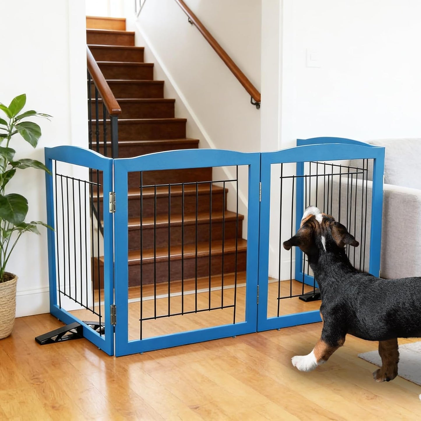 ZJSF Freestanding Dog Fence Indoor, Foldable Dog Gate for Doorways, Stairs or Hallways, Sturdy Wood Extra Wide Pet Gate with Support Feet for The House, White, 24 "Height-3 Panels