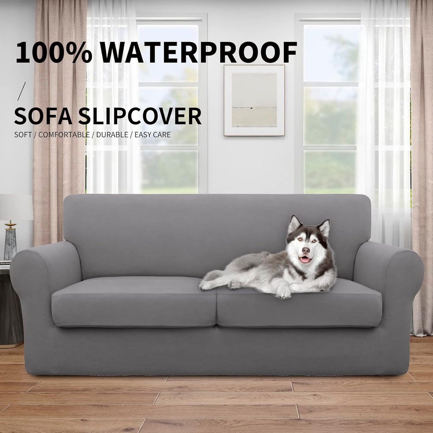 Easy-Going 100% Dual Waterproof 4 Pieces Stretch Soft Couch Cover for Dogs, Sofa Slipcover for 3 Separate Cushion Couch Leakproof Furniture Protector for Kids, Pets Dark Gray