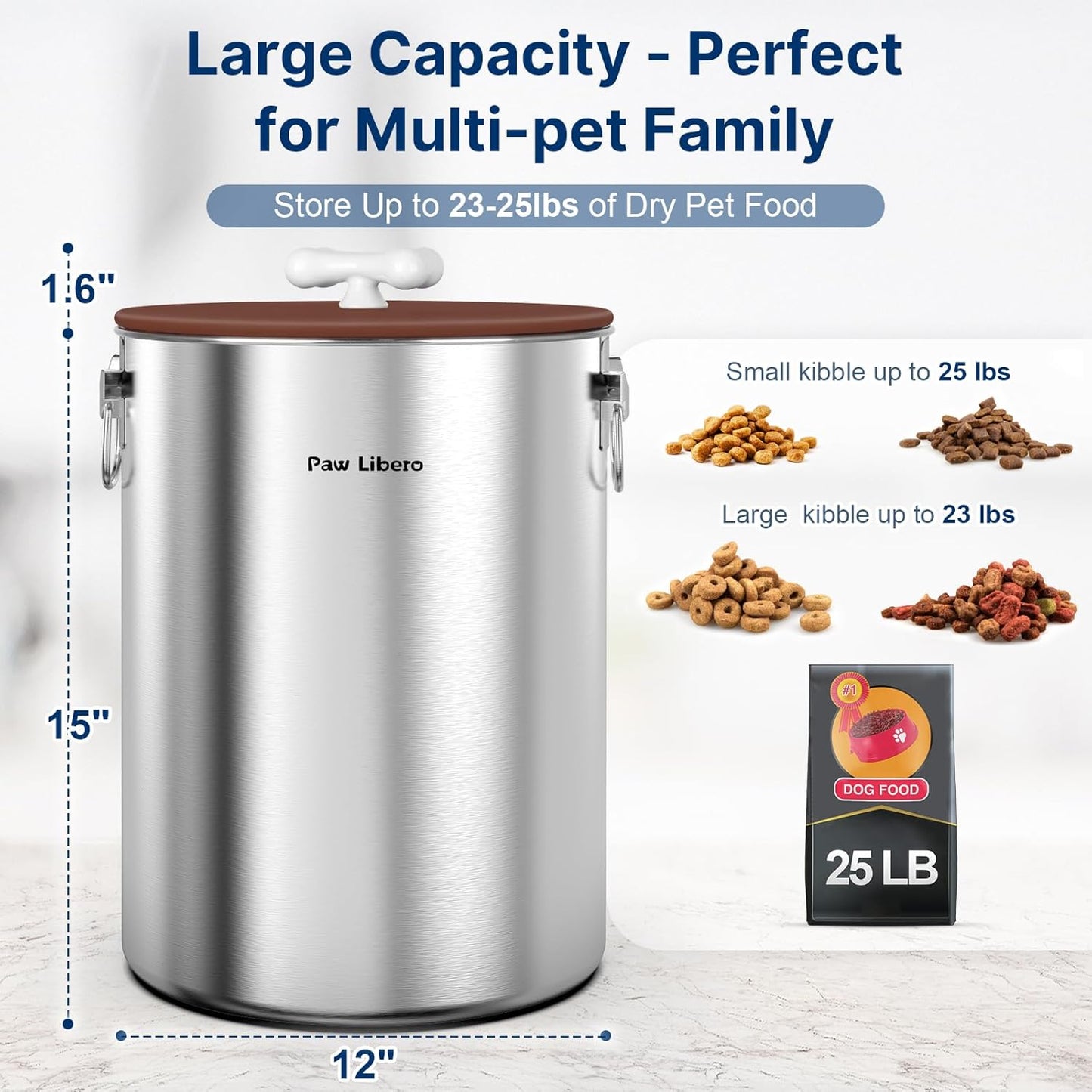 Paw Libero 25 Lbs Stainless Steel Dog Food Storage Container with Airtight Lid & Ceramic Bone Handle, Large Metal Dog Food Bin for Dogs & Cats, Keep Fresh, Easy to Clean