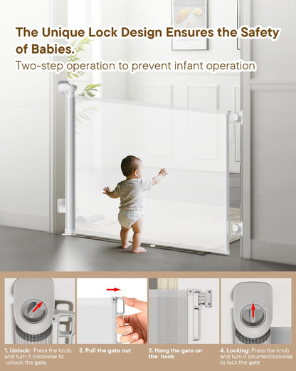 Retractable Baby Gate - 55" Wide Mesh Pet Gate with Anti-Crawling Hook, Safety Lock, One-Hand Operation, 34" Tall Baby Gate for Stairs, Doorways, Hallways, Garage, Indoor Outdoor, Black