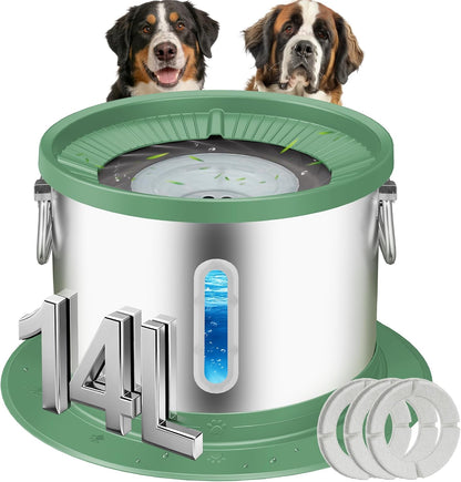 UPSKY 14L No Spill Dog Water Bowl, Stainless Steel Spill Proof Dog Bowl with Water Window, Dual-Suction Anti-Slip Large Capacity Slow Drinking Bowl with Floating Disk for Large Dogs & Messy Drinkers