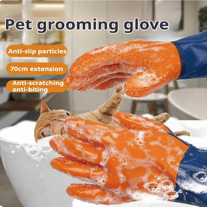 YOFANG 14" Long Pet Grooming Gloves for Washing & Hair Removal,Waterproof Rubber Cat Bite-Proof Brush Gloves,Dog Bath Glove with Soft 3500+ Particles Massage,Orange