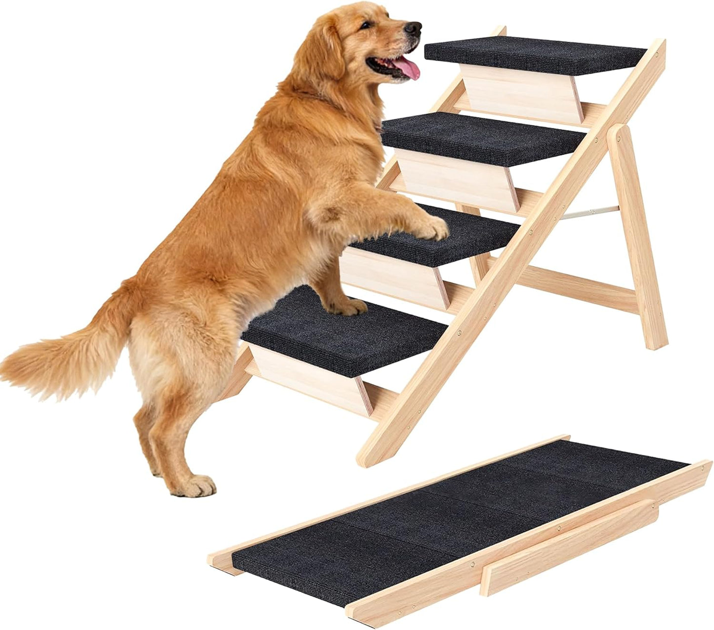 Dog Stairs/Ramp for Bed, Wooden 2-in-1 Foldable Pet Stairs & Ramp, Portable Dog Ladder Up to 180 Pound for Elderly/Short-Legged Dogs, 4 Steps for Beds, Couch, Cars