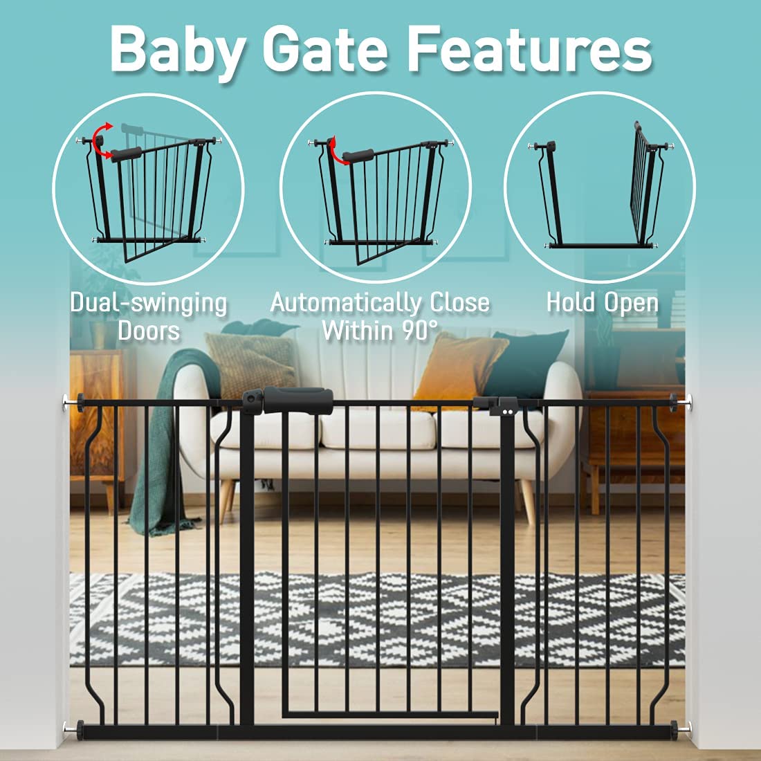 WAOWAO Baby Gate 71.65-85.03" Extra Wide Pressure Mounted Walk Through Swing Auto Close Safety Metal Black Toddler Kids Child Dog Pet Puppy for Stairs,Doorways,Kitchen
