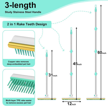 Carpet Rake for Pet Hair Removal - 60" Adjustable Long Handle Carpet Rake, 3 in 1 Reusable Pet Hair Removal Tool Kit, Cat Dog Fur Rakes Scraper Carpet Broom for Carpets, Rugs, Mats