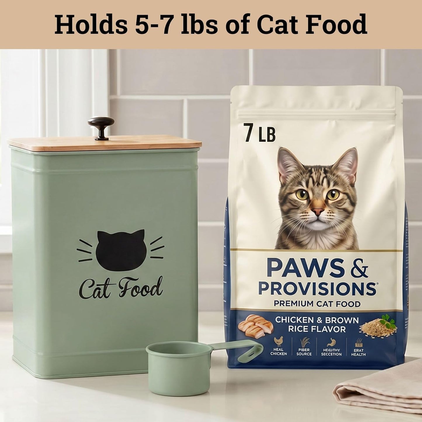 Cat Food Storage Container with Scoop - 5-7 lb (25 Cup) Capacity Metal Cat Food Container with Airtight Bamboo Lid and Metal Scoop - Airtight Pet Food Storage Containers 5 lb - 7 lb Kibble Container