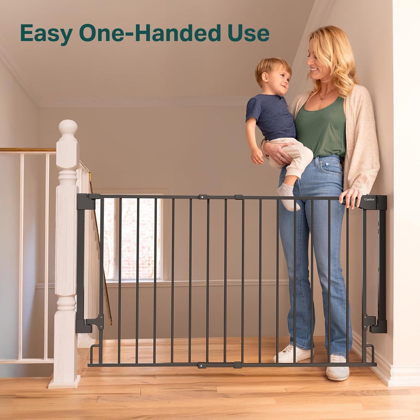 Cumbor 29.2–43" Baby Gate for Stairs, Hardware Mounted (Drill Required), Expandable No Bottom Bar Dog Gate, Auto Close Extra Wide Walk Thru, Pet & Toddler Proof Gate, Top & Bottom of Stairways(Black)