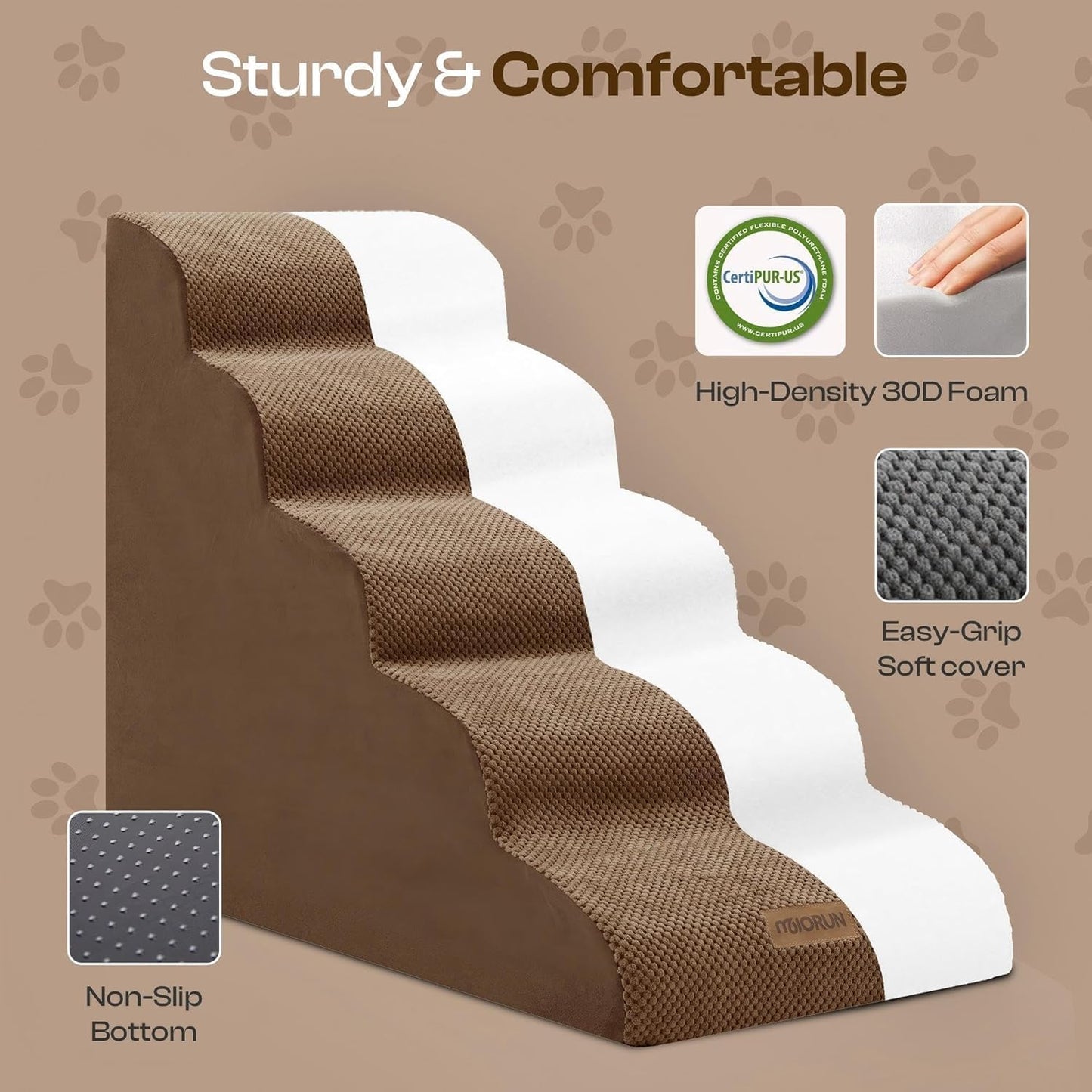 Dog Stairs for High Beds Up to 30", Extra-Tall 5-Step Dog Steps for Bed, 24.5" Tall Foam Pet Stairs for Small & Medium Dogs, Gentle Slope Cat Ramp for Bed with Washable Cover