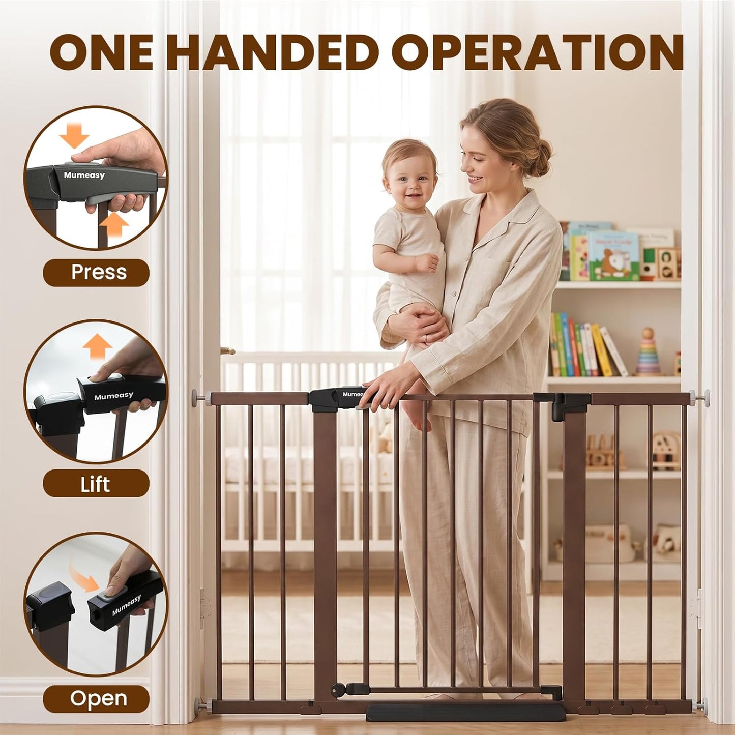 Mumeasy 29.7-46" Baby Gate for Stairs, Pressure Mounted Dog Gate for Doorways, Auto Close Walk Through Pet Gate Indoor, Extra Wide Metal Child Safety Gate, Mom's Choice Awards Winner, Black