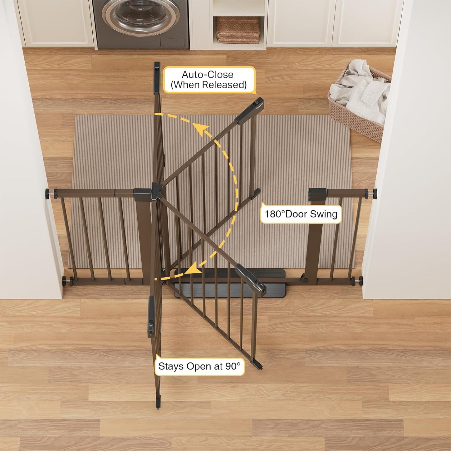 Cumbor 36.6-64" Extra Wide Baby Gate for Stairs, Dog Gates for Doorways, Auto-Close Pet Gate Indoor, Pressure Mounted Walk Through Safety Child Gate for Kids Toddler, Tall Pet Puppy Fence Gate, Brown