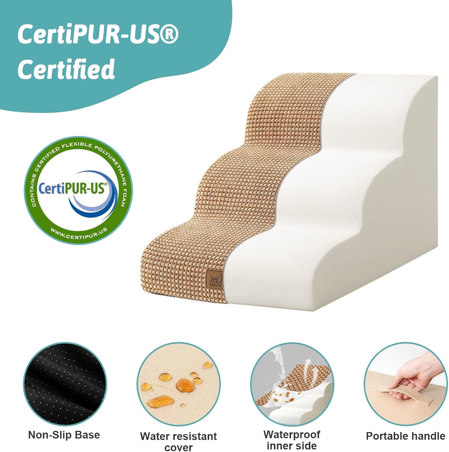 COZY KISS Dog Stairs for Small Dogs 15.7" H, Curved Dog Step for Puppy, Older Cat, Medium Pet Ramp for Sofa, Couch or Chair, Ladder with High Density Foam, 3 Step, 15.7x22.4x15.7 inch, Beige