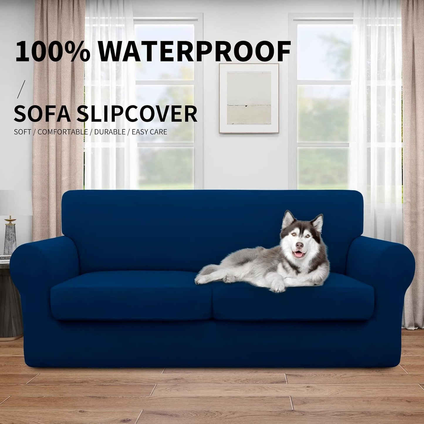 Easy-Going 100% Dual Waterproof 4 Pieces Stretch Soft Couch Cover for Dogs, Sofa Slipcover for 3 Separate Cushion Couch Leakproof Furniture Protector for Kids, Pets Dark Gray