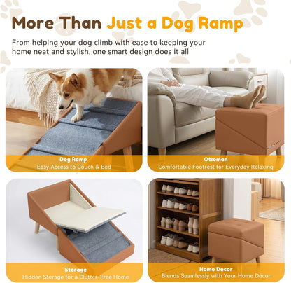 Dog Ramp for Small Dogs, 15.7" H 3-in-1 18.5" Extra Wide Foldable Ottoman & Hidden Storage Design Dog Stairs for Couch Sofa, Non-Slip Pet Steps for Puppy Senior Injured Dogs (White)