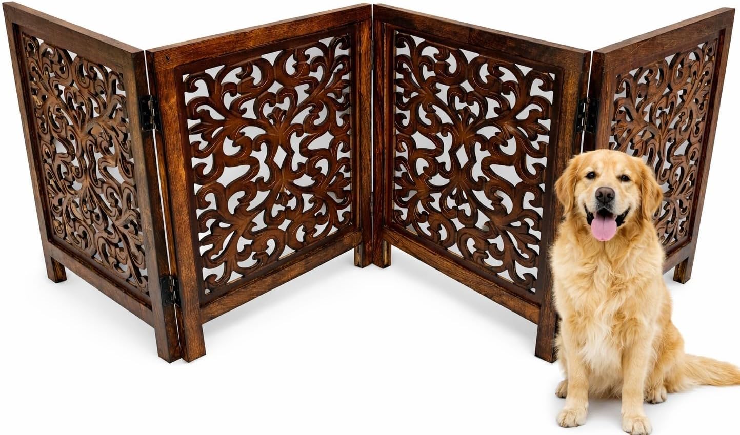 Freestanding Pet Gate for Dogs, Foldable Wooden Dog Gate for House, Indoor Dog Gate for Stair, Doorway, House Design Gates for Dogs Indoor, 72 Inch Wide, (18" x4 Panels 72 inch), Burnt Finish