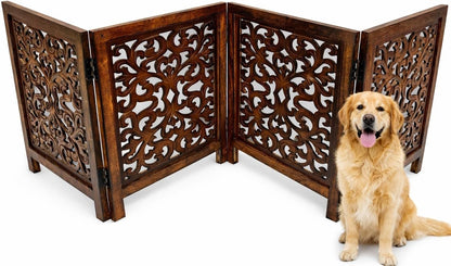 Freestanding Pet Gate for Dogs, Foldable Wooden Dog Gate for House, Indoor Dog Gate for Stair, Doorway, House Design Gates for Dogs Indoor, 72 Inch Wide, (18" x4 Panels 72 inch), Burnt Finish