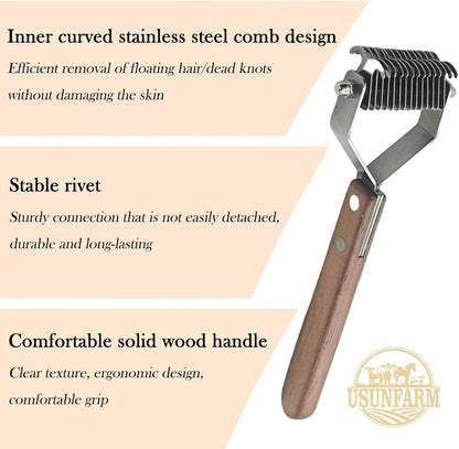Large 2-Sided Undercoat Rake for Dogs and Cats，Professional Pet Grooming Shedding Tool Combs for Animals，Stainless Steel with Wooden Handle for Thick Coats (20-Blades)