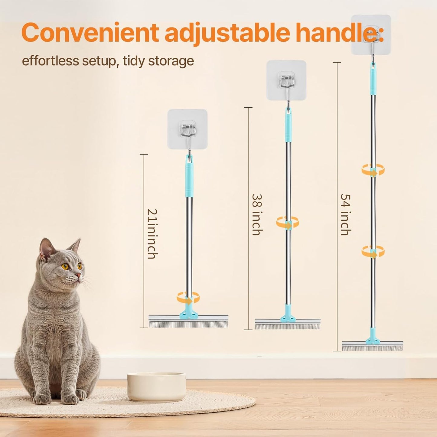 2 in 1 Carpet Rake for Pet Hair Removal, Reusable Pet Hair Remover, 54” Adjustable Long Handle Cat Dog Carpet Rake Scraper, Dog Hair Rake Brush for Rugs, Mats, Couch, Furniture