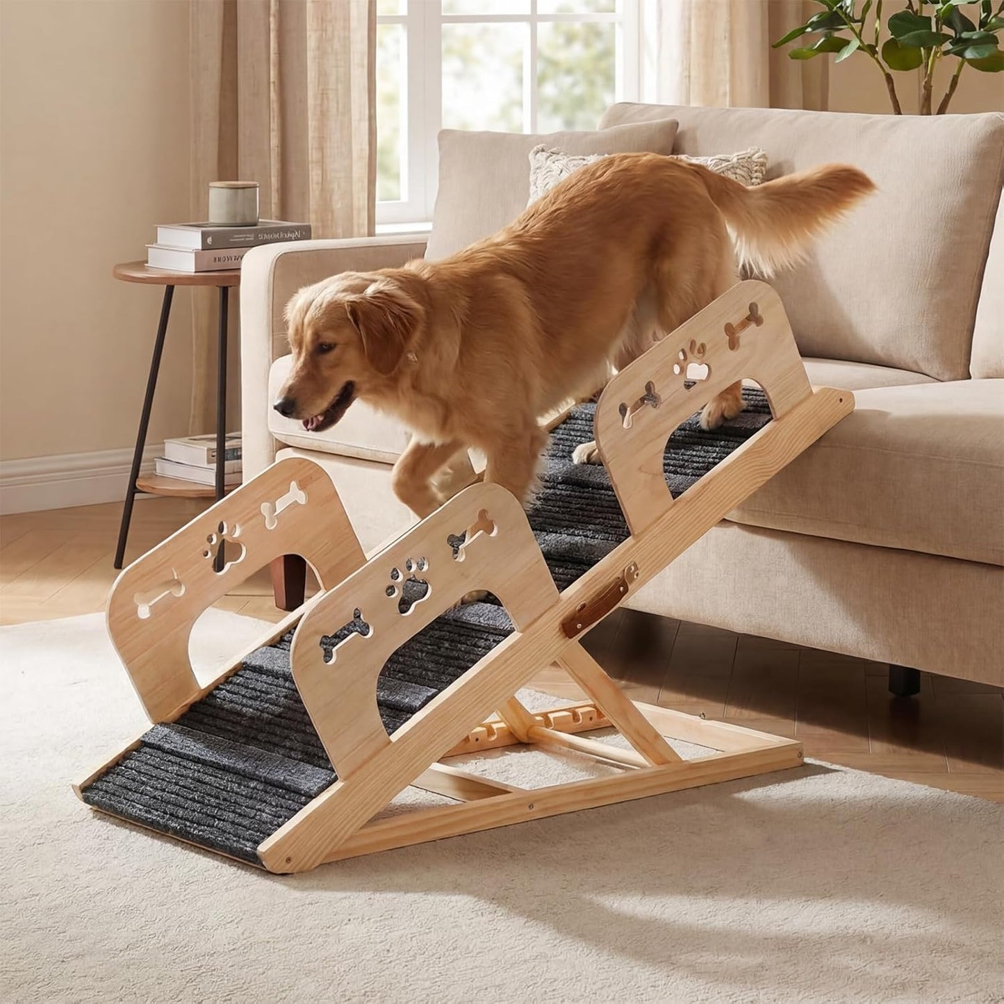 Dog Ramp for Bed, for Couch, 47.24" Long Wooden Pet Ramp for Small & Large Dogs to Get on Bed Couch Car Up to 200LBS, 4 Adjustable Heights (13.7"-24.6"), Foldable Dog Bed Ramp with Anti-Slip Surface