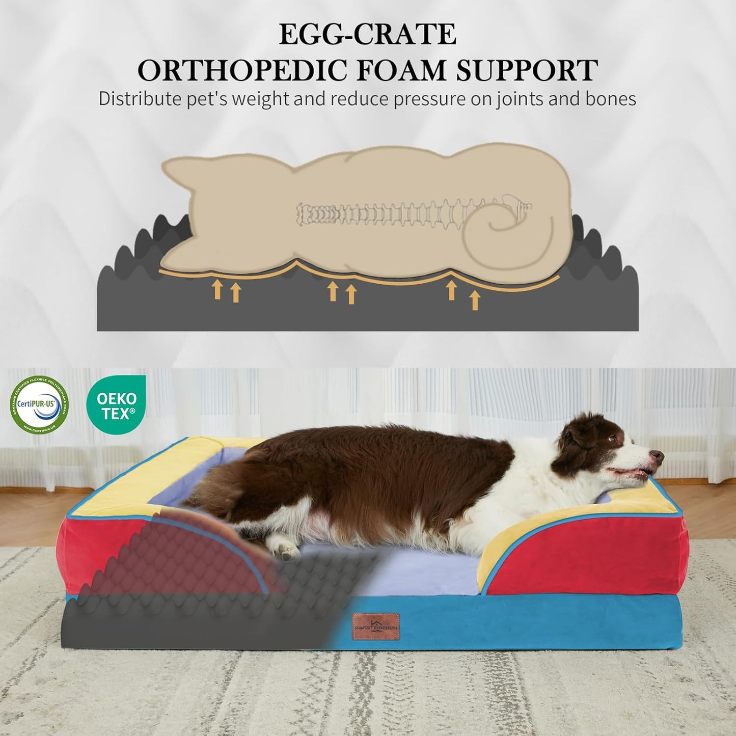Comfort Expression Orthopedic Dog Bed for Extra Large Dogs 42x30 Inch, Waterproof Egg Crate Foam XL Pet Bed with Removable Bolsters, Dog Couch with Washable Cover & Non-Slip Bottom, Grey - Colors B