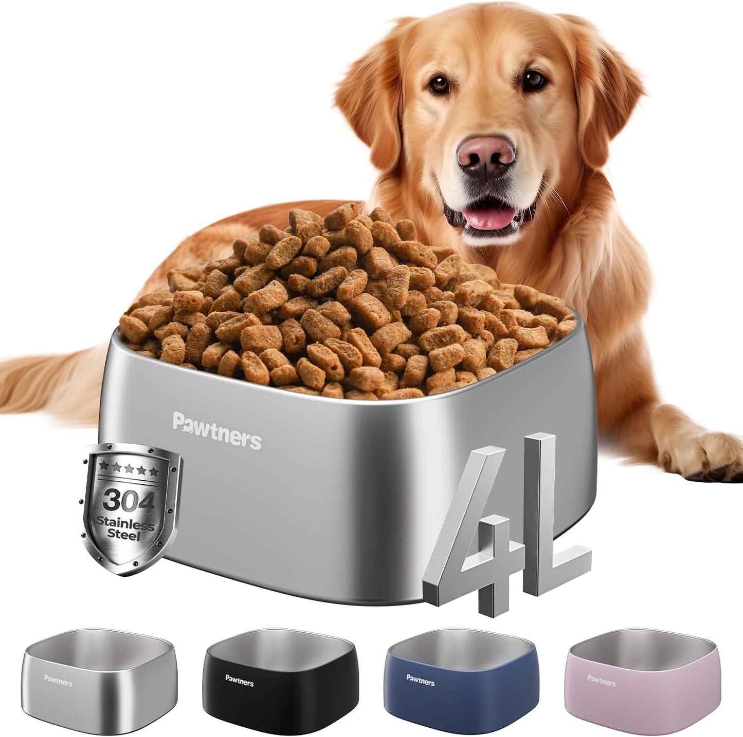 Pawtners All Stainless Steel Dog Water Bowl No Spill,135oz Anti-Splash Dog Bowl with Non-Slip Base, Spill Proof for Medium Large Messy Drinkers, Slow Drinking, Slobber Stopper,Easy to Clean