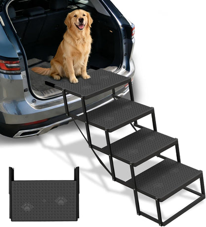 Dog Steps for Car, Truck, SUV, Dog Stairs for Car with Upgraded Non-Slip Surface, Foldable Dog Ramp for Car, Pet Stairs for Large Dogs, 4 Steps