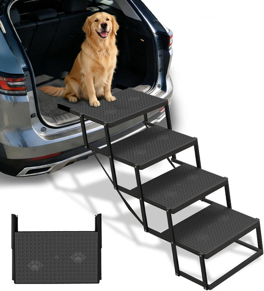 Dog Steps for Car, Truck, SUV, Dog Stairs for Car with Upgraded Non-Slip Surface, Foldable Dog Ramp for Car, Pet Stairs for Large Dogs, 4 Steps