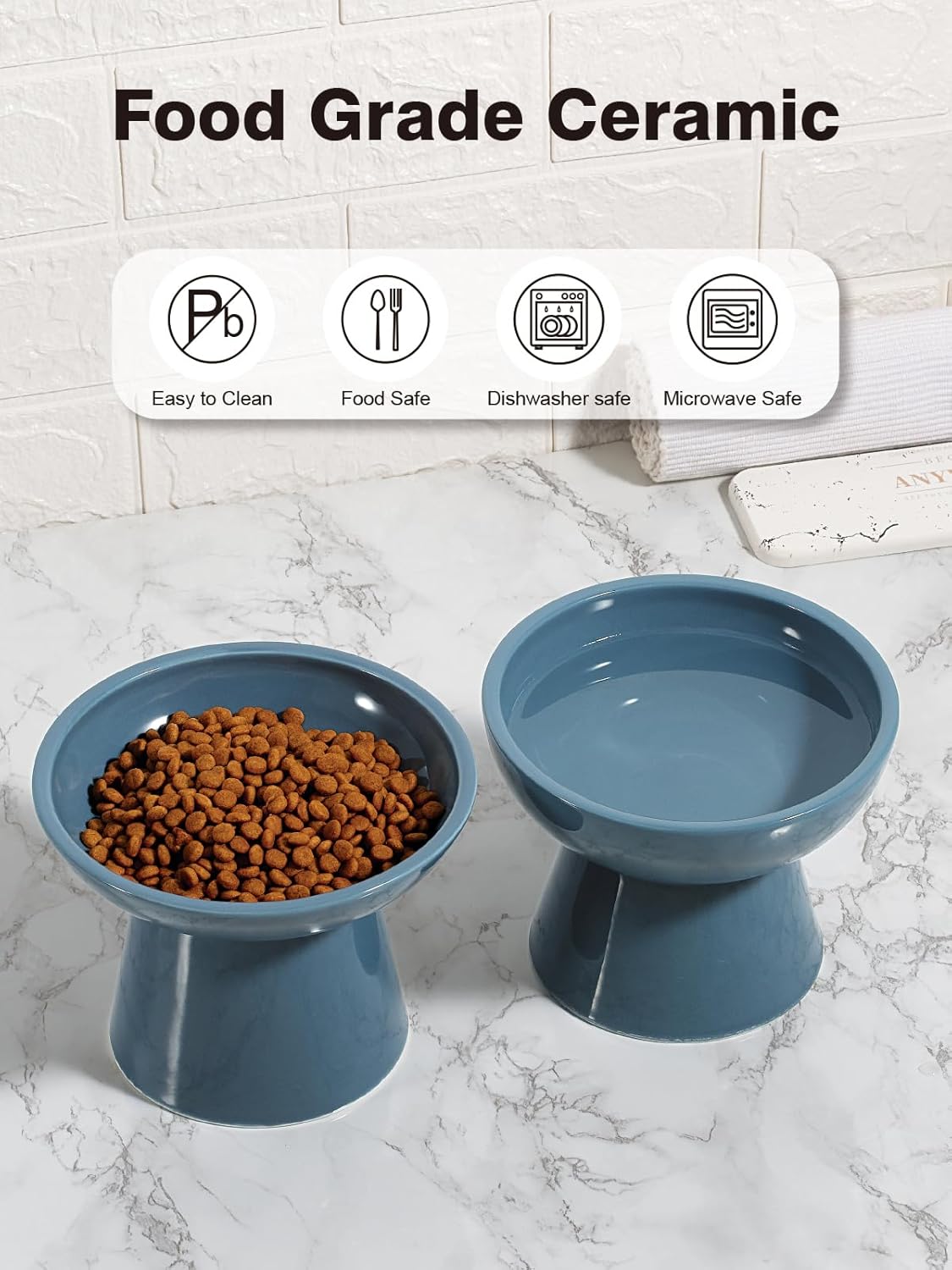 LoeJan Elevated Cat Food and Water Bowls Set, Extra Wide and Raised Ceramic Bowls, Anti-Vomit Whisker-Free Pressure Cat Feeder for Kittens to Adult Cats and Small Dogs (White, Water Bowl)