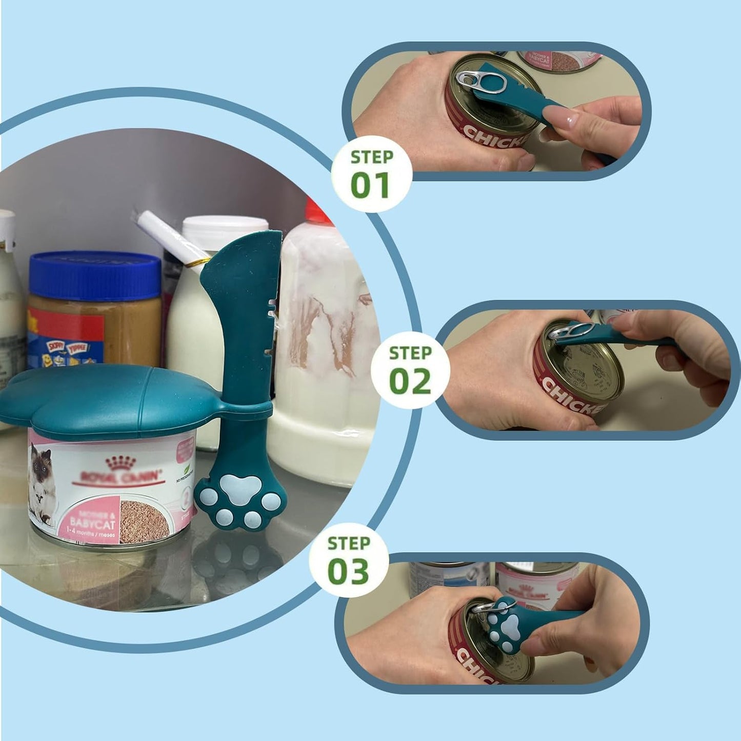 Pet Can Opener & 3 Pcs Cat Food Can Lids | Universal BPA Free Silicone Covers & Multi-Function Wet Food Spoon for Cat and Dog Food(Dark Blue)