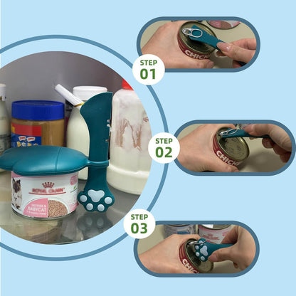 Pet Can Opener & 3 Pcs Cat Food Can Lids | Universal BPA Free Silicone Covers & Multi-Function Wet Food Spoon for Cat and Dog Food(Dark Blue)