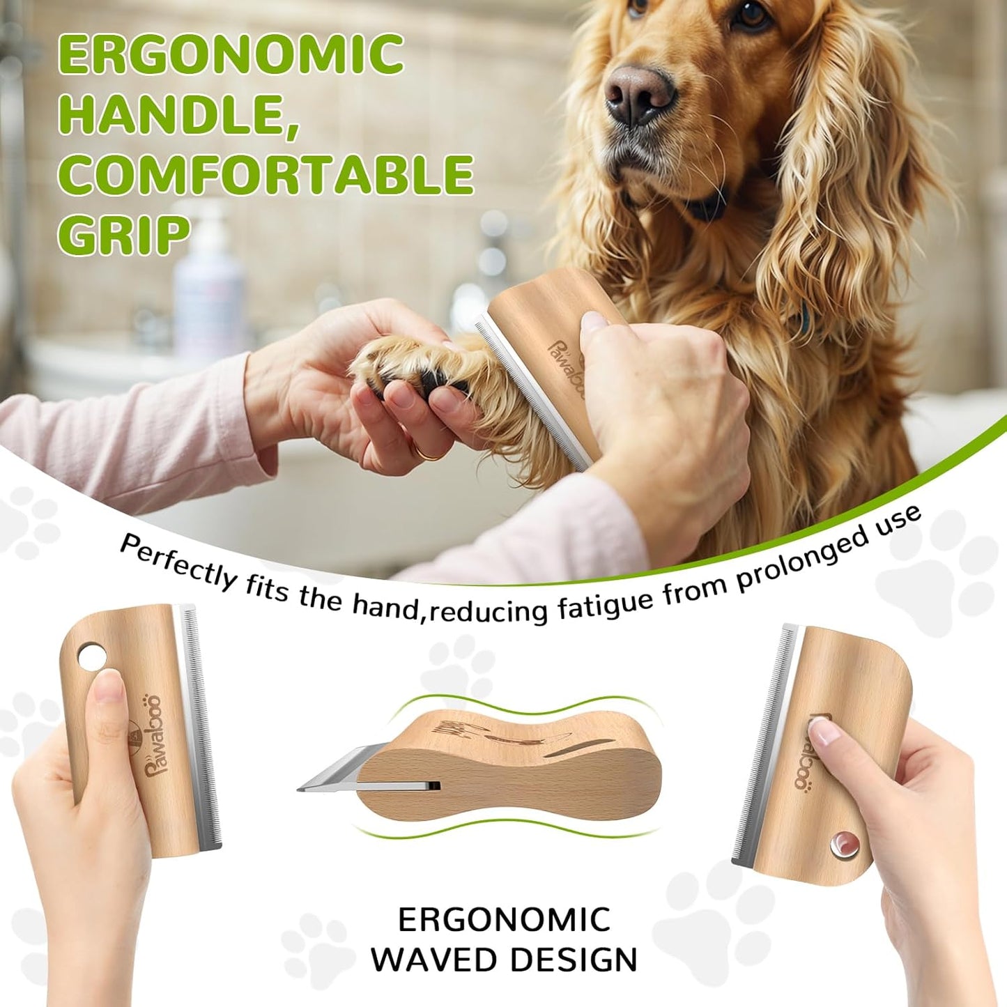 Pawaboo Deshedding Brush for Dogs & Cats, Dog Hair Removal Comb with Ergonomic Gripping, Wooden Grooming Shedding Brush for Long Hair Dogs and Cats, Hangable Pet Cleaning Comb Supplies, 5.1 Inch