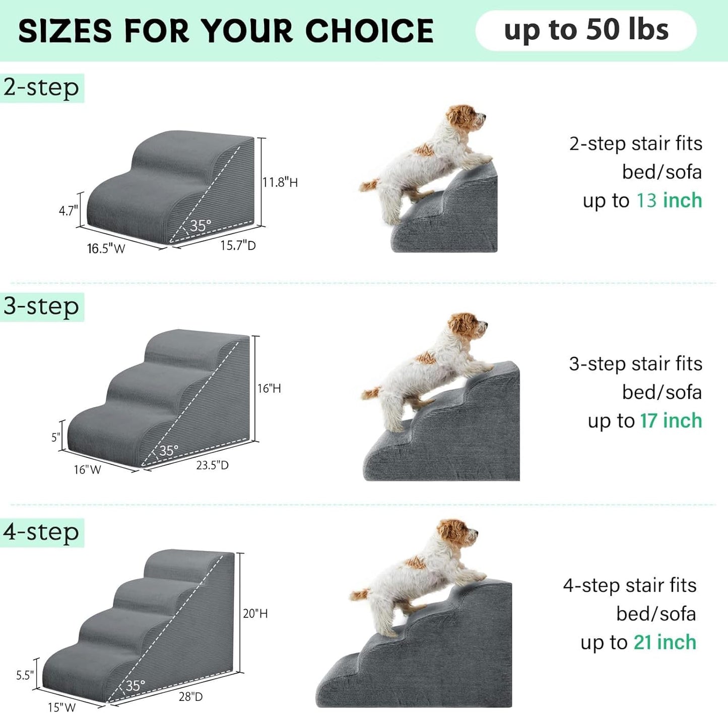 Mesa Lemon Dog Stairs & Steps for High Beds, 3 Steps High Density Foam Waterproof Dog Ramp for Small Dogs and Cats, Pet Stairs with Removable Washable Cover for Bed, Couch, Sofa and Car (H:16")