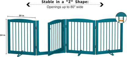 PUPETPO Freestanding Dog Gate with Door, Pet Gate for Stairs, 80 inch Wide Pet Barrier Indoor, Dog Fences Indoor, Support Feet Included, 4 Panels, 24" Tall, Dark Brown