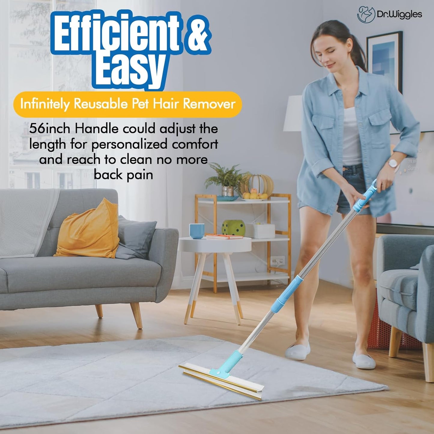 Pet Hair Removal Broom, Handheld Pet Hair Removal Rake & Reusable Lint Roller, Telescopic 56"" Adjustable Handle, Pet Hair Remover for Furniture, Carpet, Rugs, Cars and Bedding