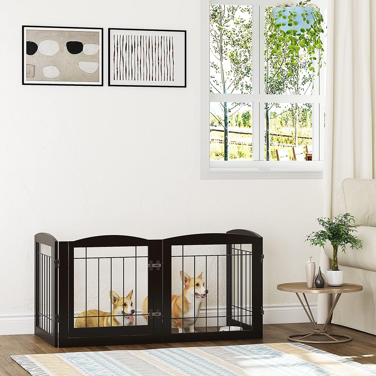 PAWLAND Free Standing Dog Gates for The House Stairs Doorways Indoor Foldable Wooden Small White Puppy Pet Gate Step Over Fence 60" W 24" H 3 Panels