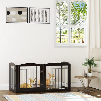 PAWLAND Free Standing Dog Gates for The House Stairs Doorways Indoor Foldable Wooden Small White Puppy Pet Gate Step Over Fence 60" W 24" H 3 Panels