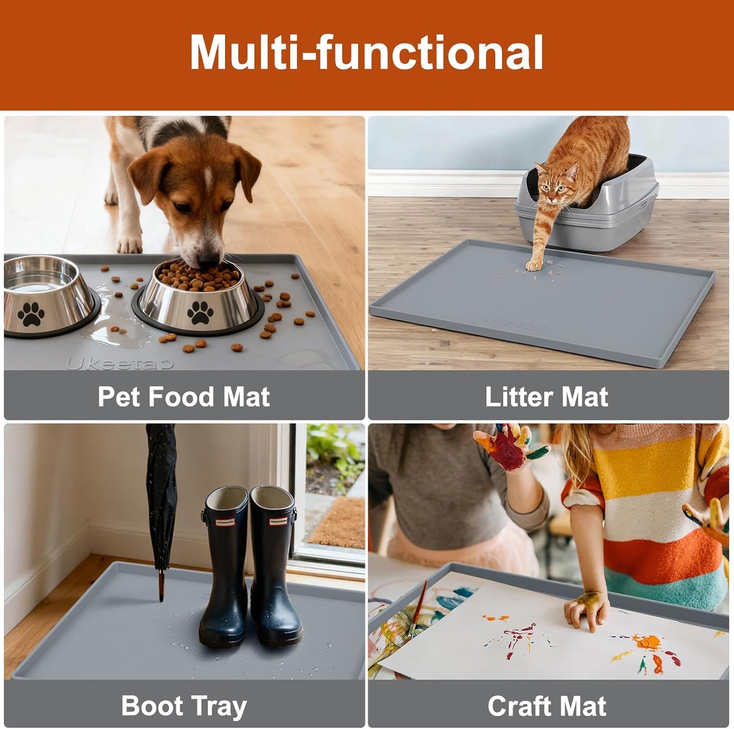 ukeetap Extra Thick Silicone Mat Waterproof with Raised Edge 19” x 12”, BPA Free Non-Slip Dog & Cat Food Mat, Feeding Mat for Food and Water Bowls, Spill Proof Mat to Protect Floors, Gray