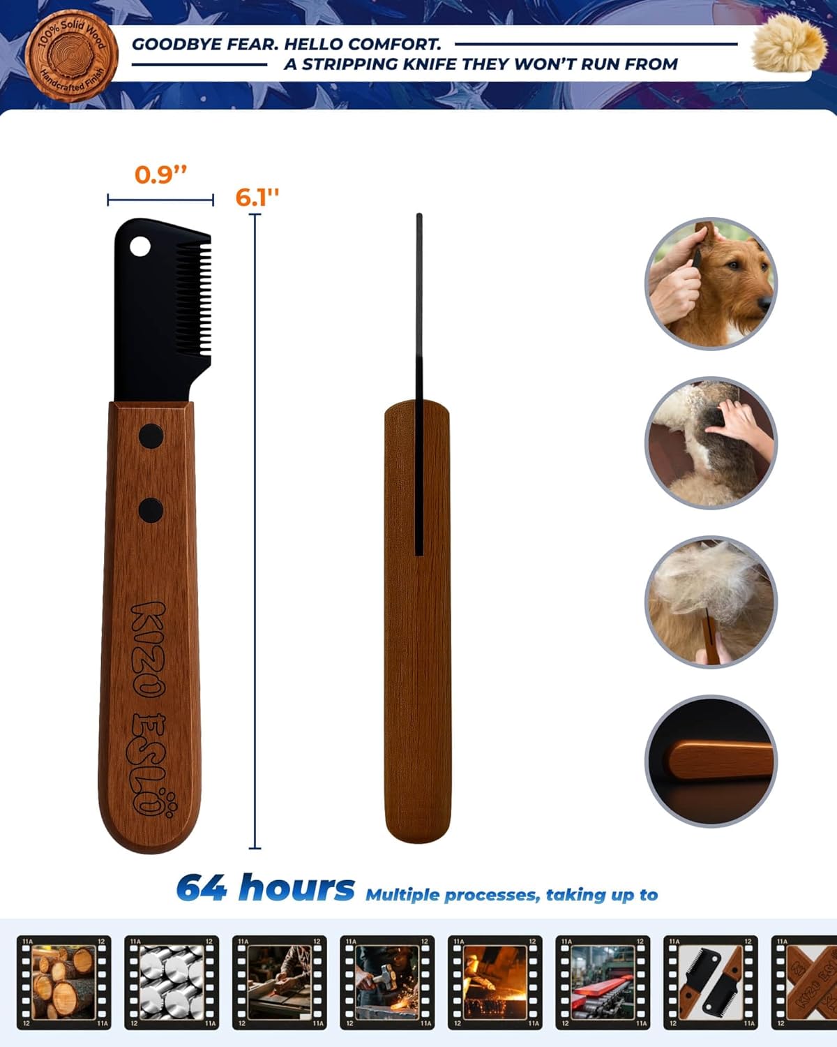 KIZO ESLO Dog Dematting Brush & Undercoat Rake for Doodles, Poodles & Long-Haired Pets, Detangling Comb for Thick Curly Coats, Removes Mats, Knots & Tangles, Stainless Steel Teeth with Wooden Handle
