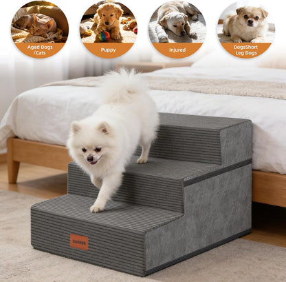 Dog Stairs for Small Dogs, 13.5" H, 3-Step Pet Steps for Couch Sofa and Chair, Non-Slip Balanced Pet Ramp for Medium Cats,Indoor Dog Ladder, Grey