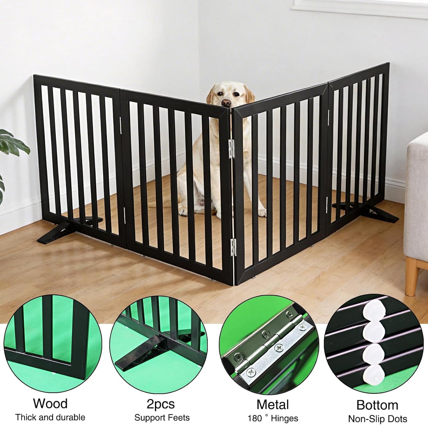 ZJSF Freestanding Indoor Dog Gate for House Foldable Wood Puppy Gate for Doorways Pet Gate for Stairs Extra Wide Pet Fence, Brown, 24" Height 3 Panels