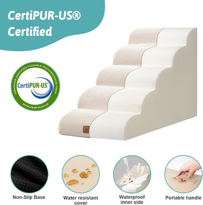 COZY KISS Dog Stairs for Small Dogs 15.7" H, Curved Dog Step for Puppy, Older Cat, Medium Pet Ramp for Sofa, Couch or Chair, Ladder with High Density Foam, 3 Step, 15.7x22.4x15.7 inch, Beige