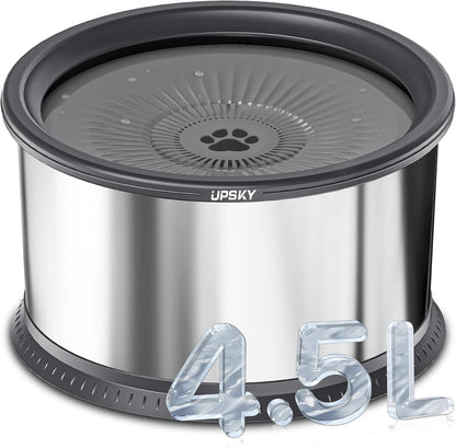 UPSKY 2.5L Dog Water Bowl, No Spill Dog Water Bowl, Stainless Steel Spill Proof Slow Water Feeder,No Splash Water Bowl with Anti-Slip Mat for Messy Drinkers Grey, D.2.5L