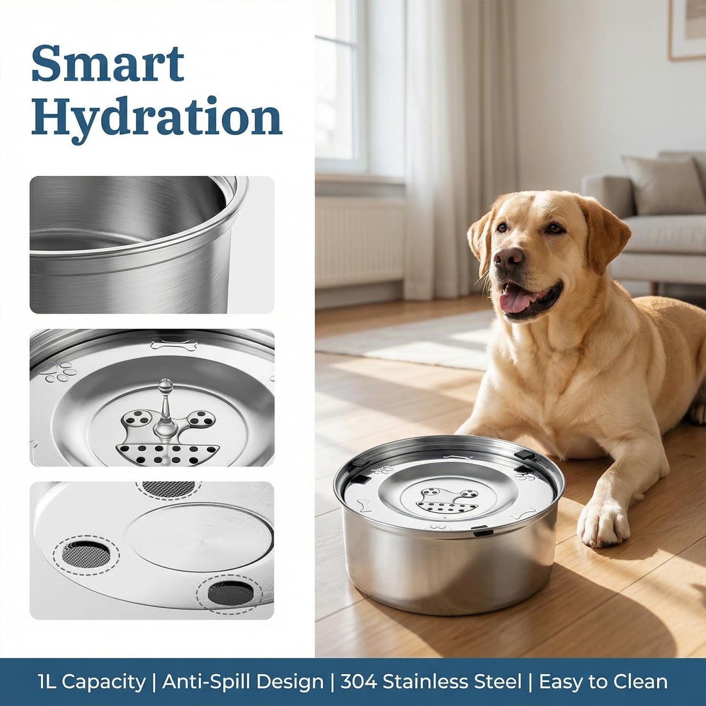 1pc 1L Dog Water Bowl,Stainless Steel Messy Anti-Drip Anti-Splash Slow Drinking Dog Water Feeder Dispenser for Dogs and Cats