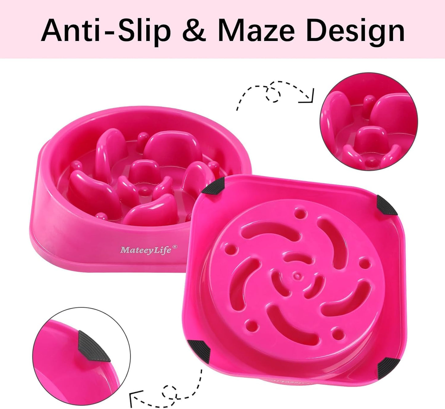 MateeyLife Slow Feeder Dog Bowls 2PCS, Anti-Choking Puzzle Dog Food Bowls, Anti-Slip Interactive Feeding Slow Down Eating, Bloat Stop Maze Dishes for Medium Breeds Pink&Purple